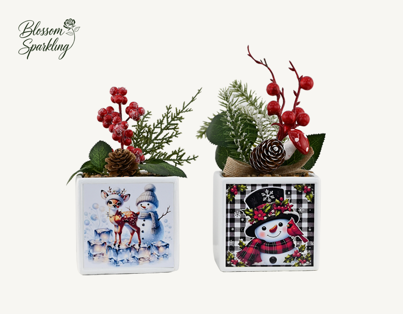 Square Pot Ornament With Classic Christmas Elements